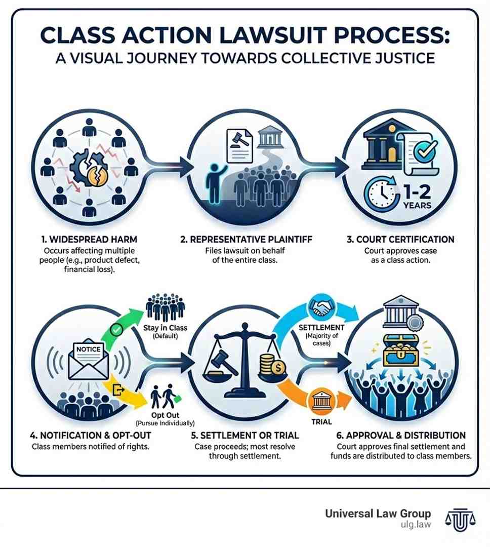 Infographic showing the class action lawsuit process: Step 1 - Widespread harm occurs affecting multiple people; Step 2 - Representative plaintiff files lawsuit on behalf of class; Step 3 - Court certifies the class action (1-2 years); Step 4 - Class members are notified and can opt out; Step 5 - Case proceeds to settlement or trial (majority settle); Step 6 - Court approves settlement and distributes funds to class members - what is a class action lawsuit infographic Infographic showing the class action lawsuit process: Step 1 - Widespread harm occurs affecting multiple people; Step 2 - Representative plaintiff files lawsuit on behalf of class; Step 3 - Court certifies the class action (1-2 years); Step 4 - Class members are notified and can opt out; Step 5 - Case proceeds to settlement or trial (majority settle); Step 6 - Court approves settlement and distributes funds to class members - what is a class action lawsuit infographic