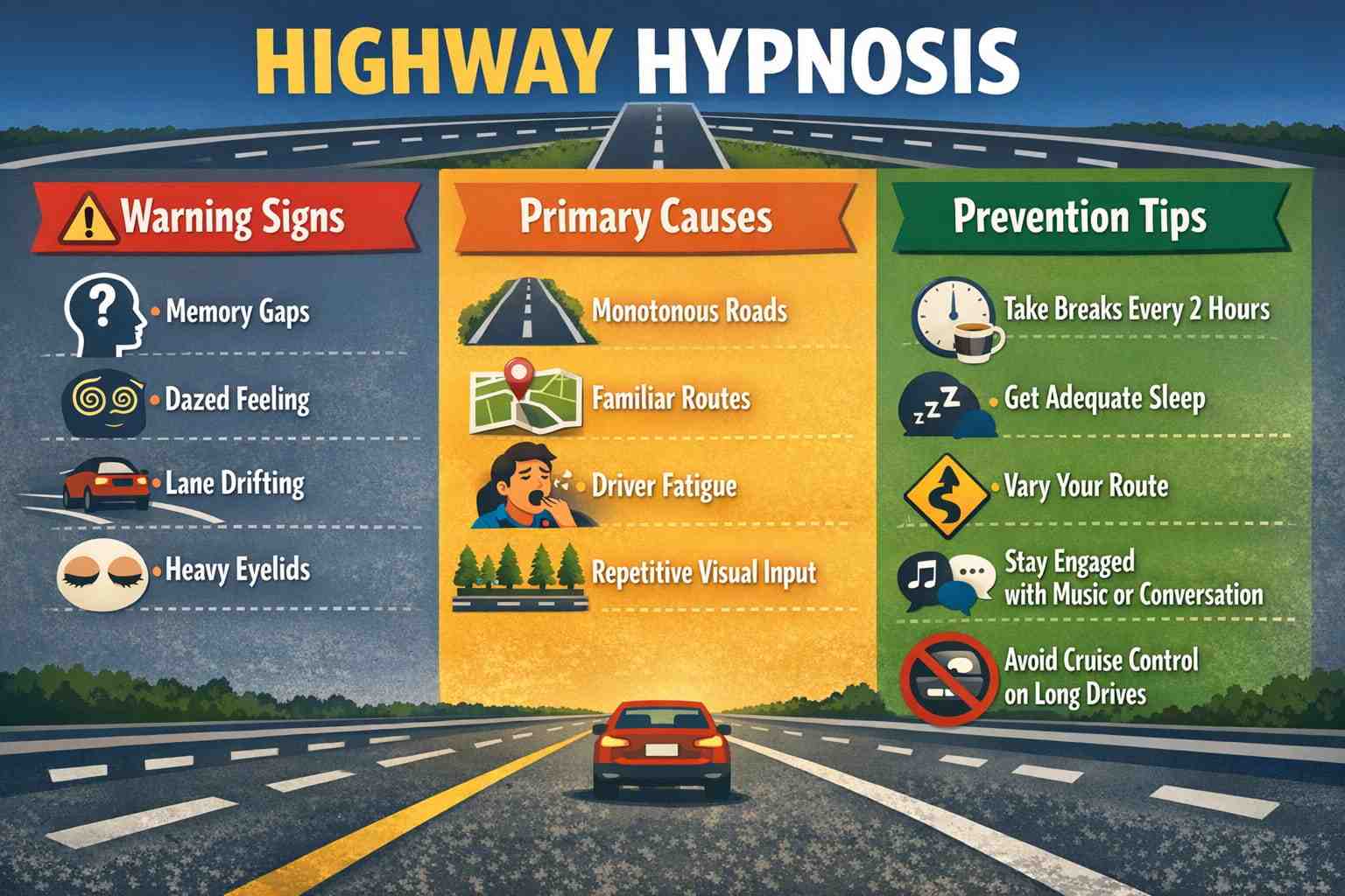 Infographic showing the three main aspects of highway hypnosis: Warning Signs (memory gaps, dazed feeling, lane drifting, heavy eyelids), Primary Causes (monotonous roads, familiar routes, driver fatigue, repetitive visual input), and Prevention Tips (take breaks every 2 hours, get adequate sleep, vary your route, stay engaged with music or conversation, avoid cruise control on long drives) - highway hypnosis infographic 