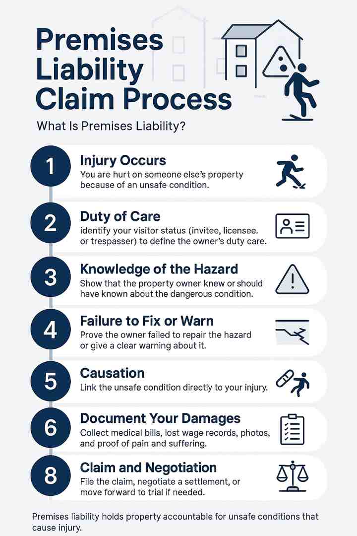 Premises Liability Claim Process: Step 1 - Injury occurs on someone's property due to unsafe condition; Step 2 - Determine property owner's duty of care based on visitor status; Step 3 - Establish that owner knew or should have known about the hazard; Step 4 - Prove owner failed to fix or warn of the danger; Step 5 - Show direct causation between the unsafe condition and your injury; Step 6 - Document all damages (medical bills, lost wages, pain and suffering); Step 7 - File claim within statute of limitations (typically 2 years in Texas); Step 8 - Negotiate settlement or proceed to trial; Step 9 - Recover compensation for your losses - What is premises liability infographic Premises Liability Claim Process: Step 1 - Injury occurs on someone's property due to unsafe condition; Step 2 - Determine property owner's duty of care based on visitor status; Step 3 - Establish that owner knew or should have known about the hazard; Step 4 - Prove owner failed to fix or warn of the danger; Step 5 - Show direct causation between the unsafe condition and your injury; Step 6 - Document all damages (medical bills, lost wages, pain and suffering); Step 7 - File claim within statute of limitations (typically 2 years in Texas); Step 8 - Negotiate settlement or proceed to trial; Step 9 - Recover compensation for your losses - What is premises liability infographic