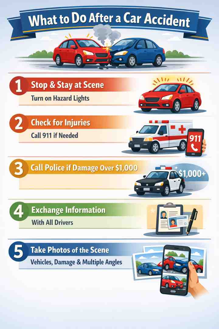 Infographic showing immediate steps after a car accident: 1. Stop and stay at scene with hazard lights on, 2. Check for injuries and call 911 if needed, 3. Call police if damage exceeds $1,000, 4. Exchange information with all drivers, 5. Take photos of vehicles, damage, and scene from multiple angles - what to do after car accident infographic 