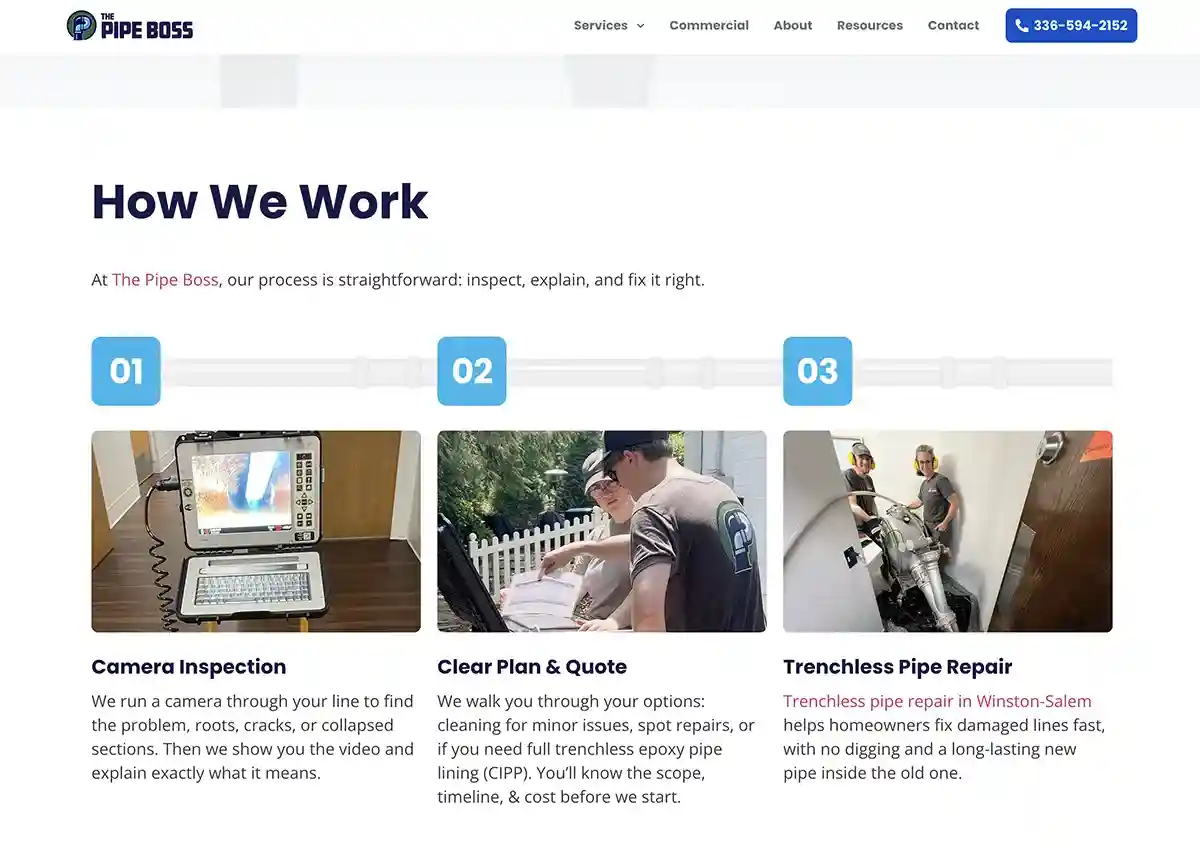 A smartphone displaying a plumbing company's mobile-friendly website with an easy-to-tap call button and clear service options. - local seo for plumbers