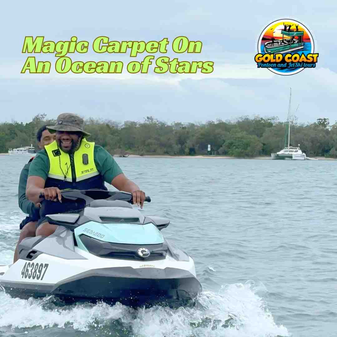 Two happy men on a Sea-Doo jet ski on the water, smiling and enjoying a fun and safe Gold Coast tour on a sunny day - jet ski safety requirements Two happy men on a Sea-Doo jet ski on the water, smiling and enjoying a fun and safe Gold Coast tour on a sunny day - jet ski safety requirements