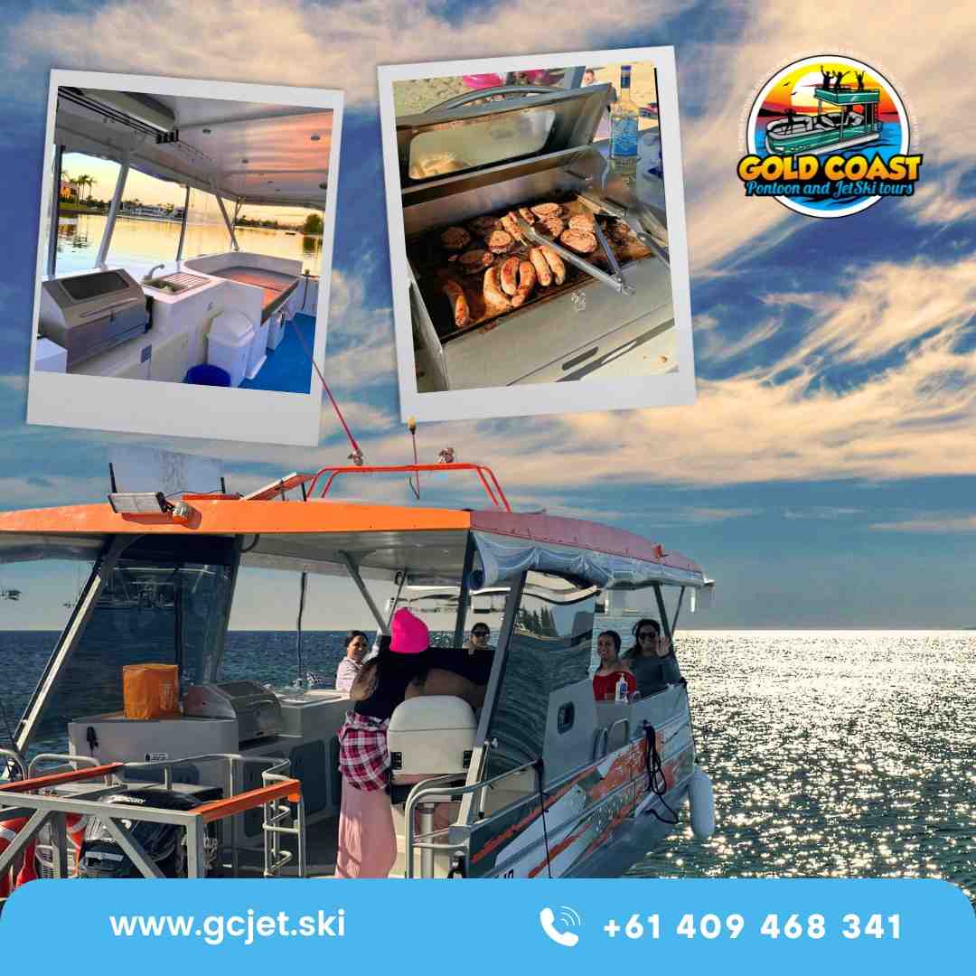 A photo collage showing a group of friends on a pontoon boat and close-up images of a BBQ grill with food cooking - Fishing pontoon rental