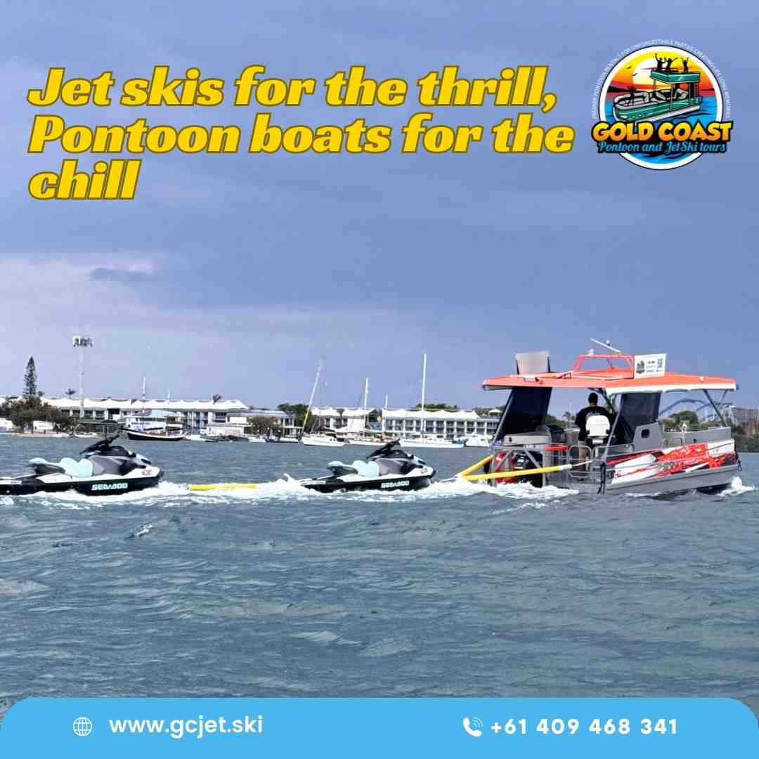 A promotional image showing two jet skis being towed by a pontoon boat, with the text A promotional image showing two jet skis being towed by a pontoon boat, with the text