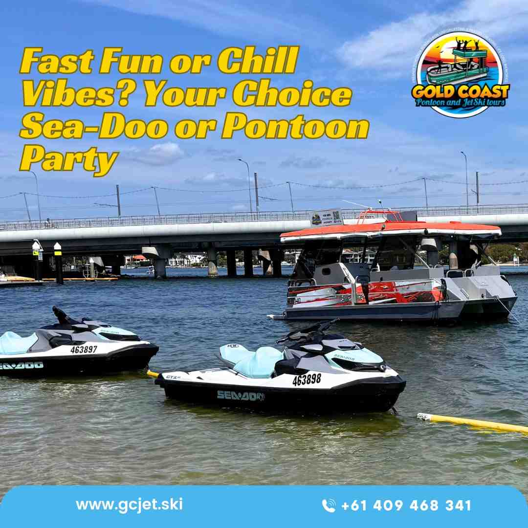 Two Sea-Doo jet skis and a large pontoon party boat on the Gold Coast water under a bridge. Text highlights fun options - First time jet ski Two Sea-Doo jet skis and a large pontoon party boat on the Gold Coast water under a bridge. Text highlights fun options - First time jet ski