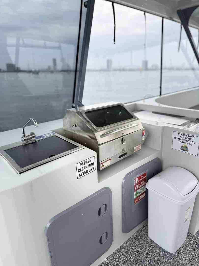 View of a stainless steel BBQ grill and sink station on a pontoon boat, with a cityscape visible in the distance over the water - Pontoon boat party ideas View of a stainless steel BBQ grill and sink station on a pontoon boat, with a cityscape visible in the distance over the water - Pontoon boat party ideas