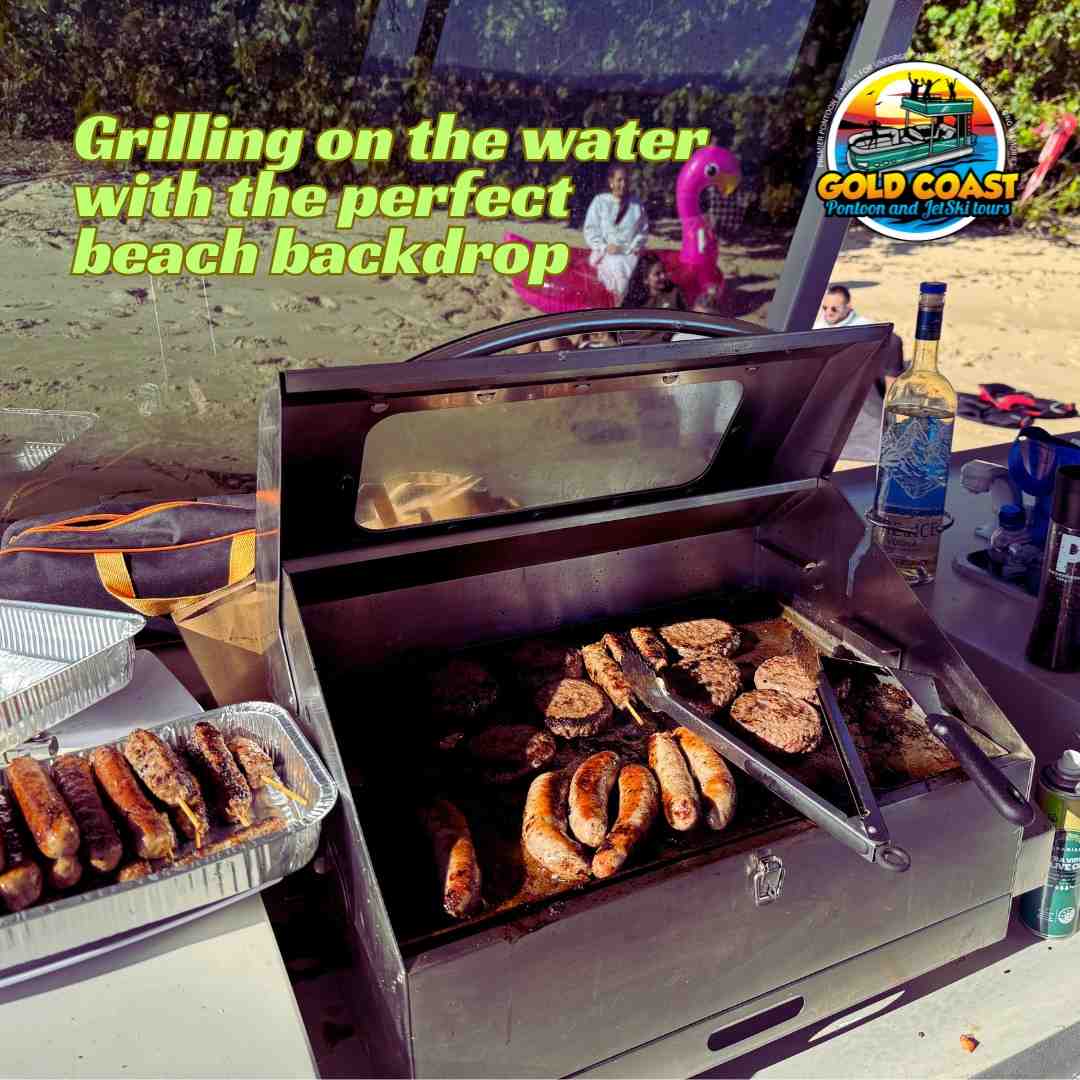 Friends enjoying BBQ on pontoon boat deck with Gold Coast skyline in background - gold coast bbq boats