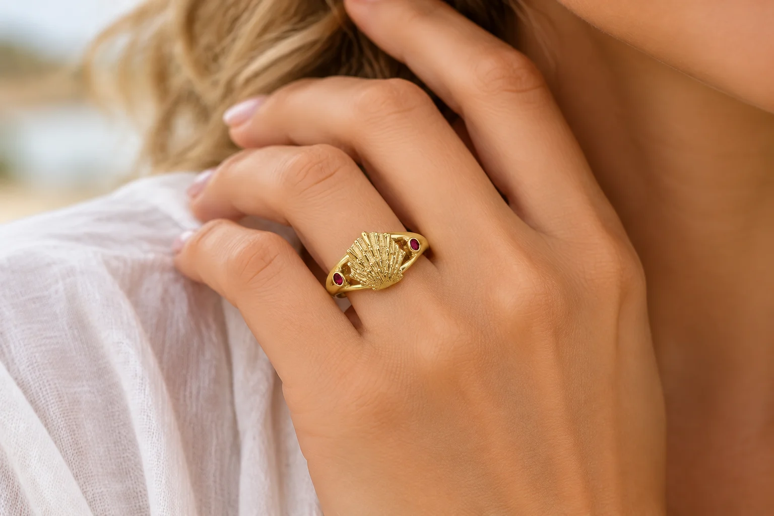 Ruby seashell birthstone gold ring