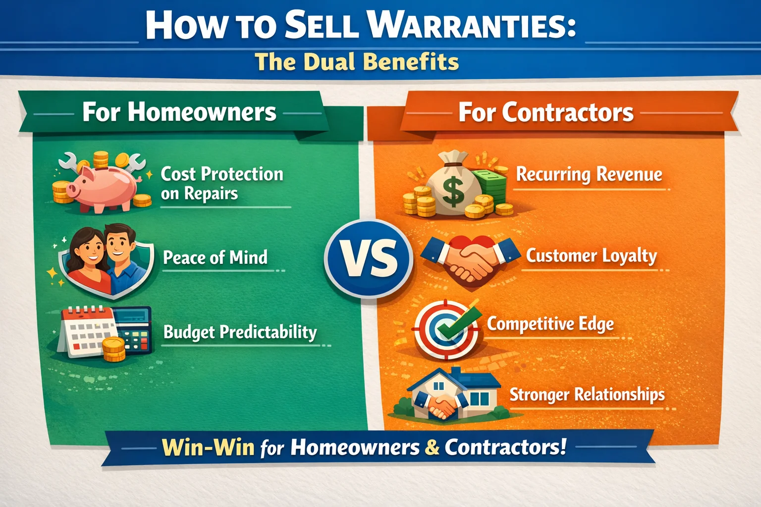 Infographic showing the dual benefits of extended warranties: on the left, homeowners receive cost protection against expensive repairs, peace of mind, and budget predictability; on the right, contractors gain recurring revenue, increased customer loyalty, competitive differentiation, and stronger long-term relationships - how to sell warranties infographic 