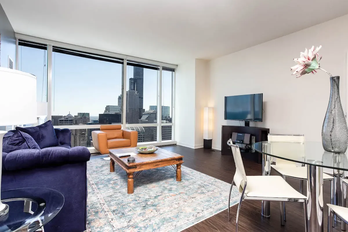 Chic modern living room in a River North corporate apartment