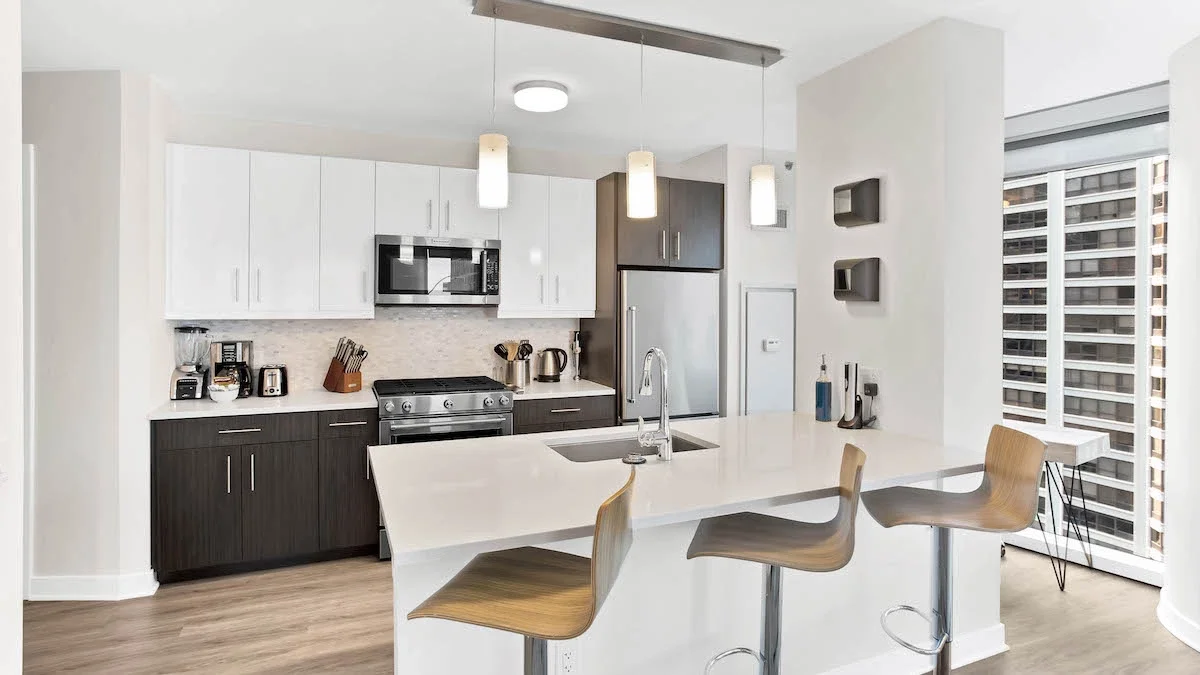 modern move-in-ready living room in a Chicago high-rise - how to find temporary housing in chicago