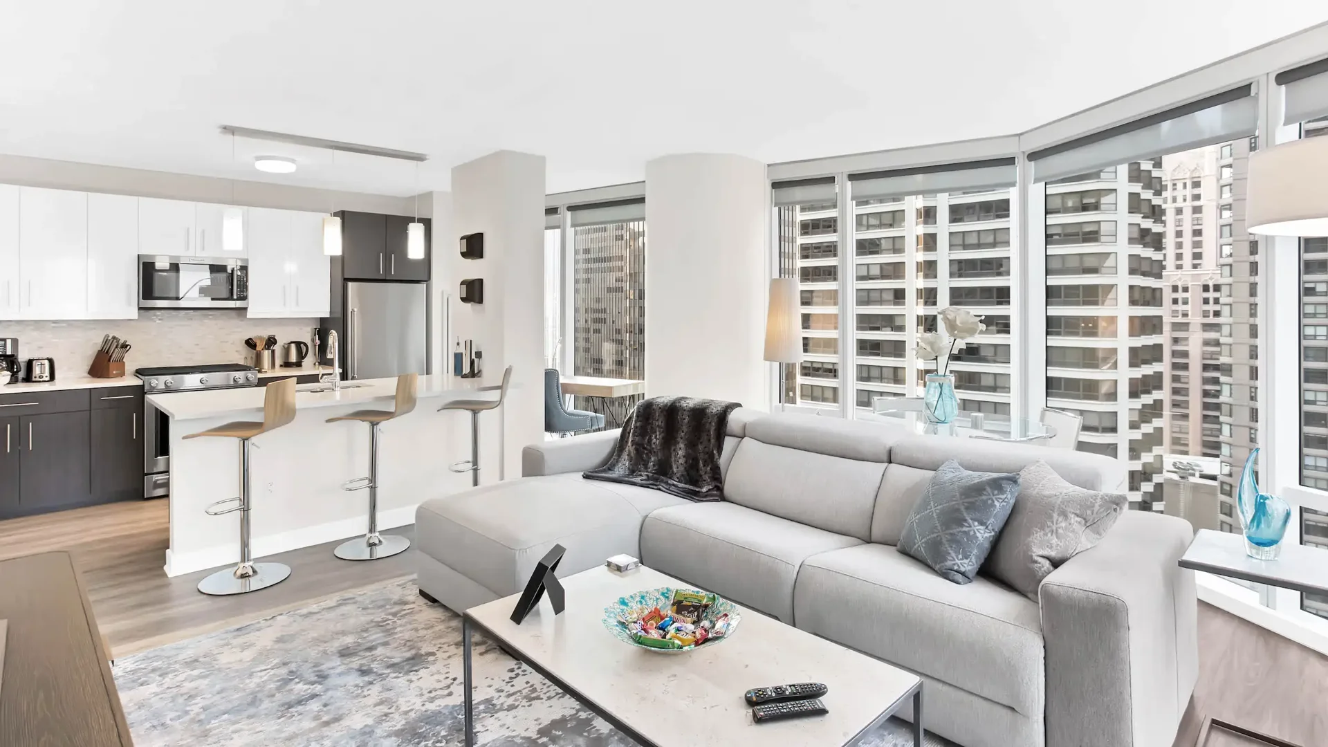 High-floor luxury apartment interior with floor-to-ceiling windows - luxury apartments downtown chicago