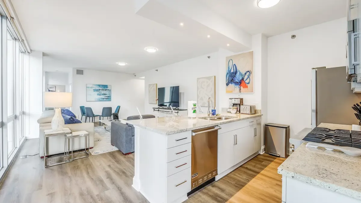 modern kitchen with floor-to-ceiling windows - luxury executive suites