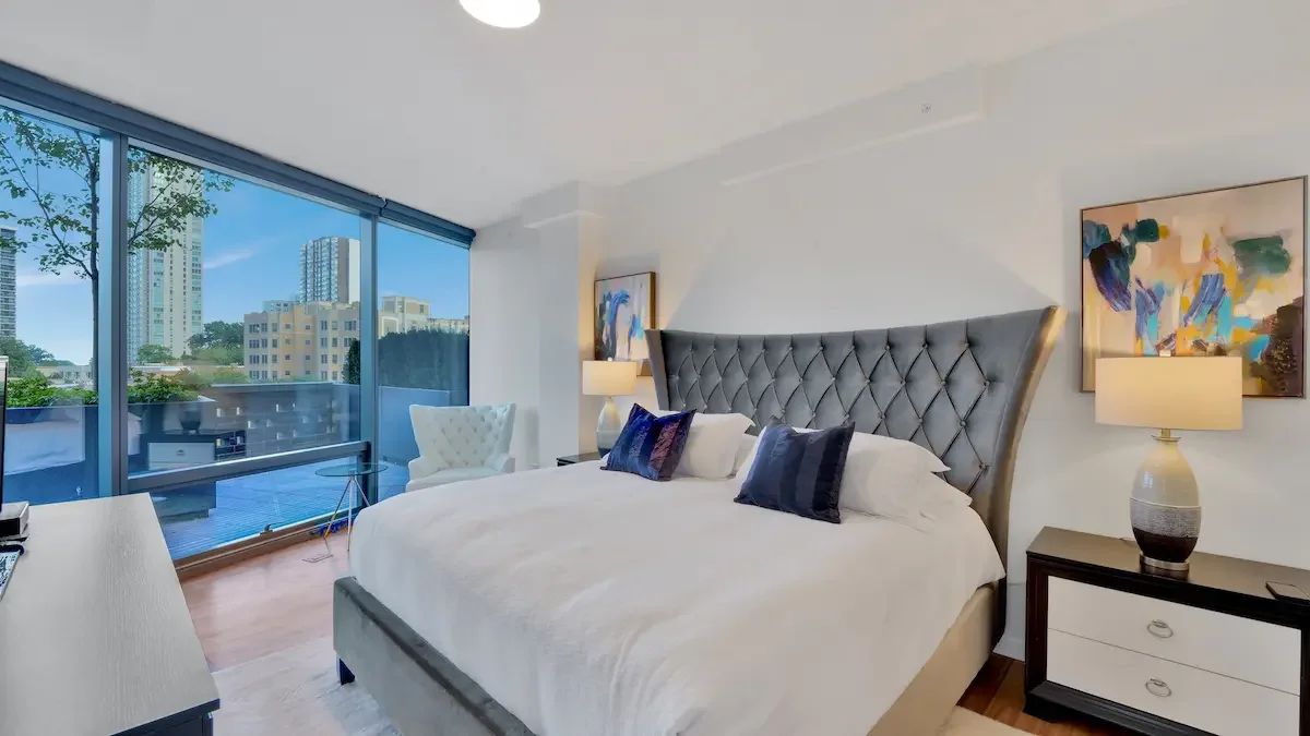 Modern home office setup in a luxury suite - monthly rentals near me