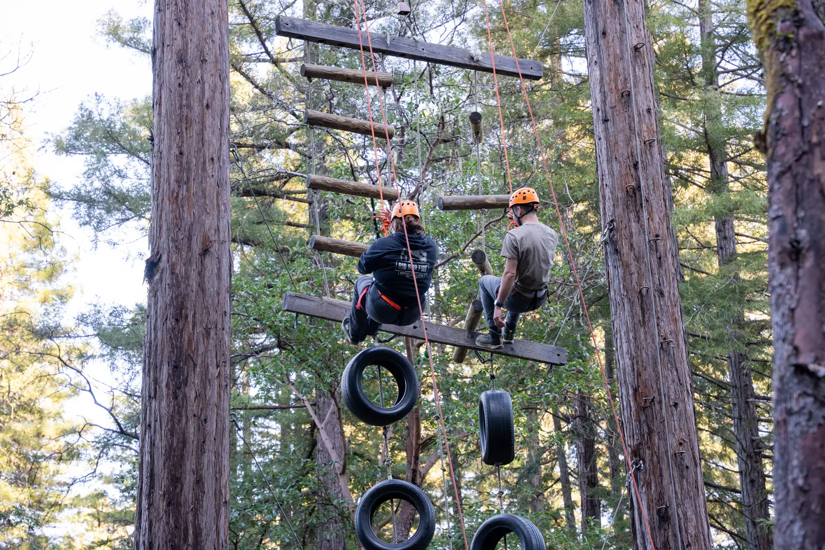 team members balancing on a low ropes course - team building retreat team members balancing on a low ropes course - team building retreat