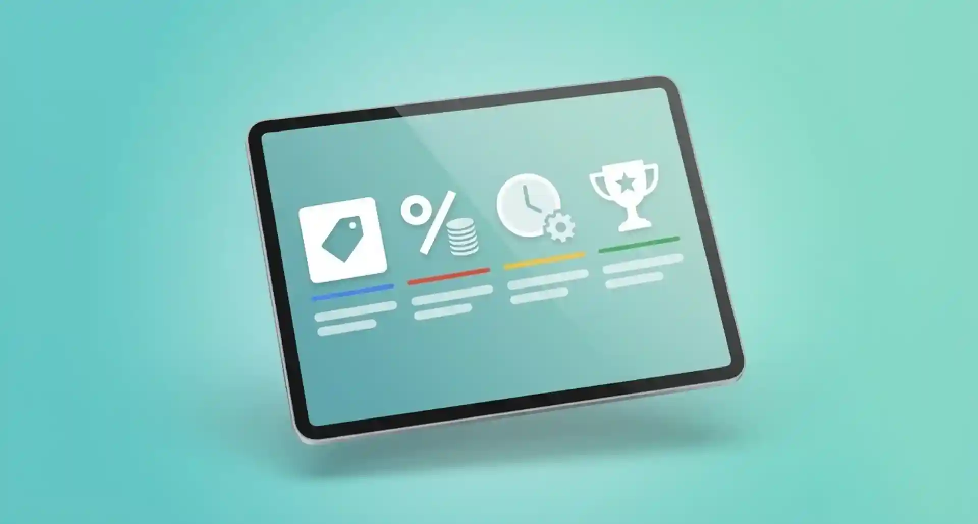Tablet display showing pricing, percentage, time, and performance icons related to google ads management cost.