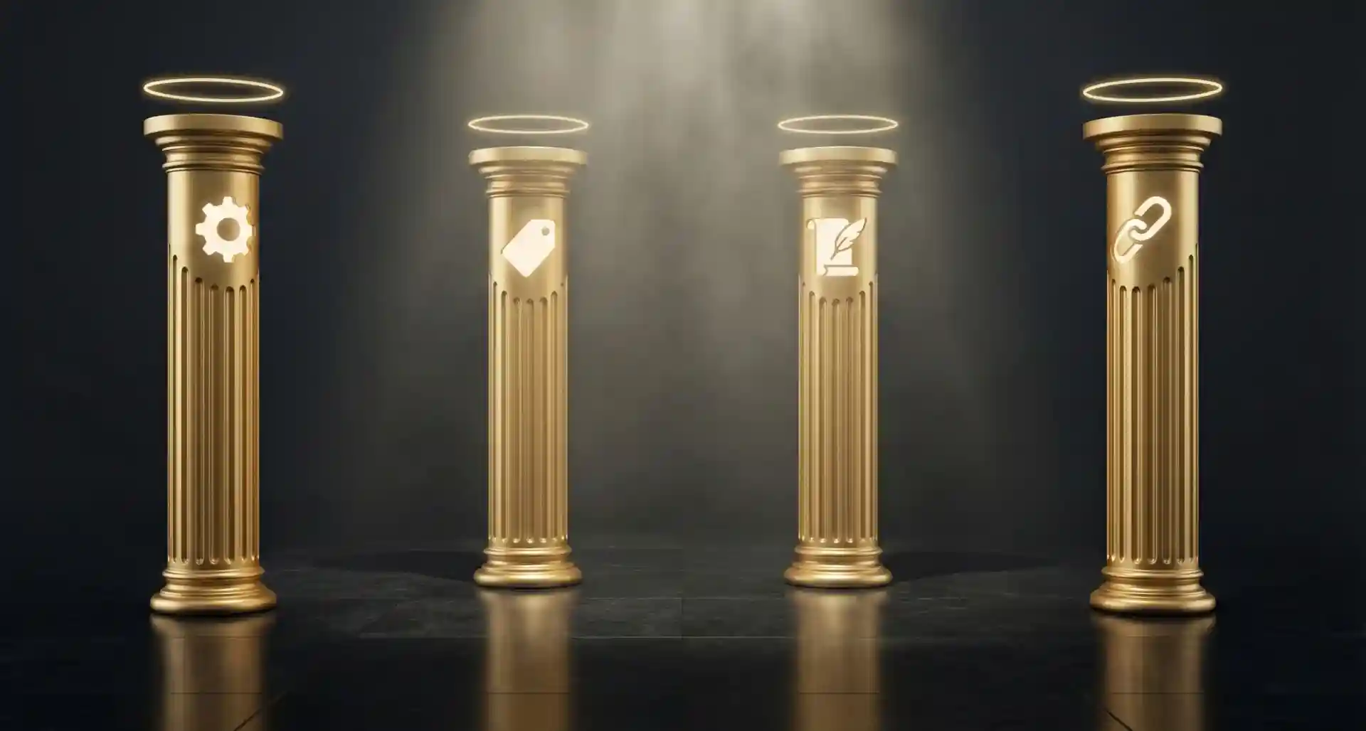 Golden pillars representing the core elements of an e-commerce SEO strategy: technical SEO, product optimization, content, and backlinks. Golden pillars representing the core elements of an e-commerce SEO strategy: technical SEO, product optimization, content, and backlinks.