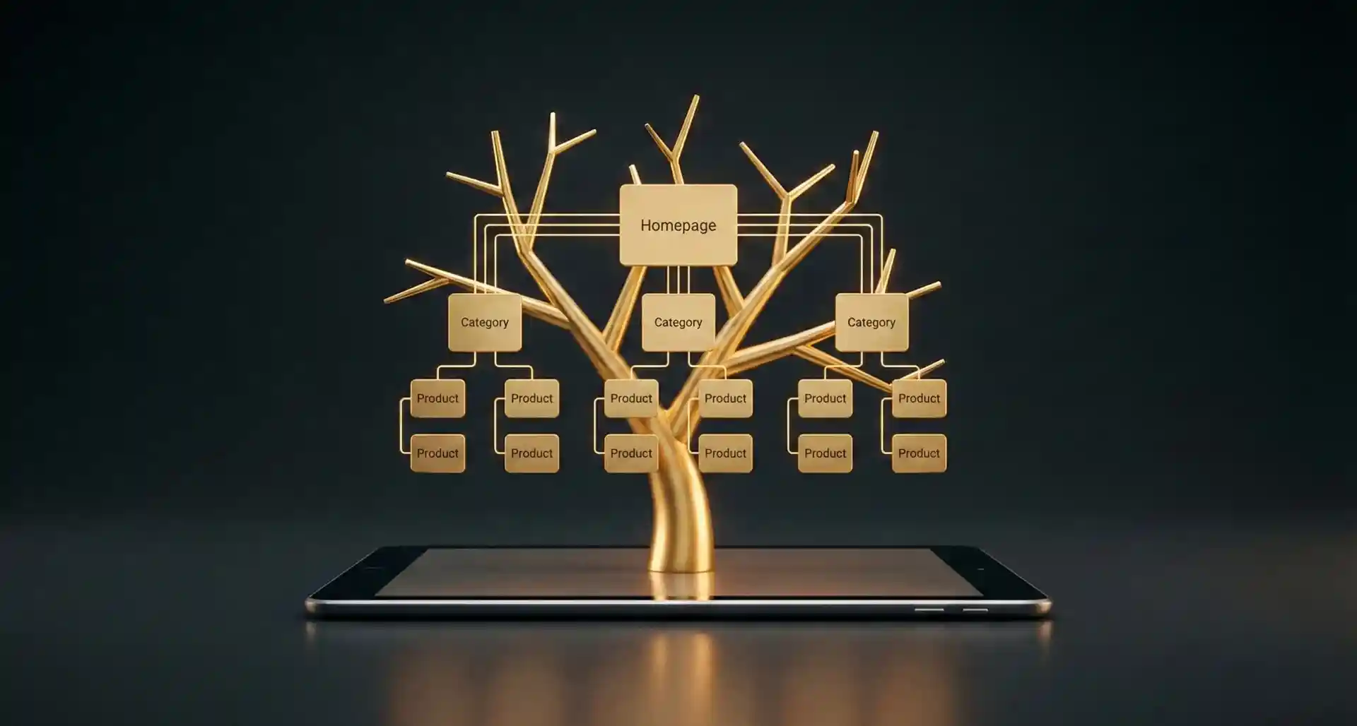 Golden site architecture tree illustrating how a strong e-commerce SEO strategy organizes categories and product pages. Golden site architecture tree illustrating how a strong e-commerce SEO strategy organizes categories and product pages.