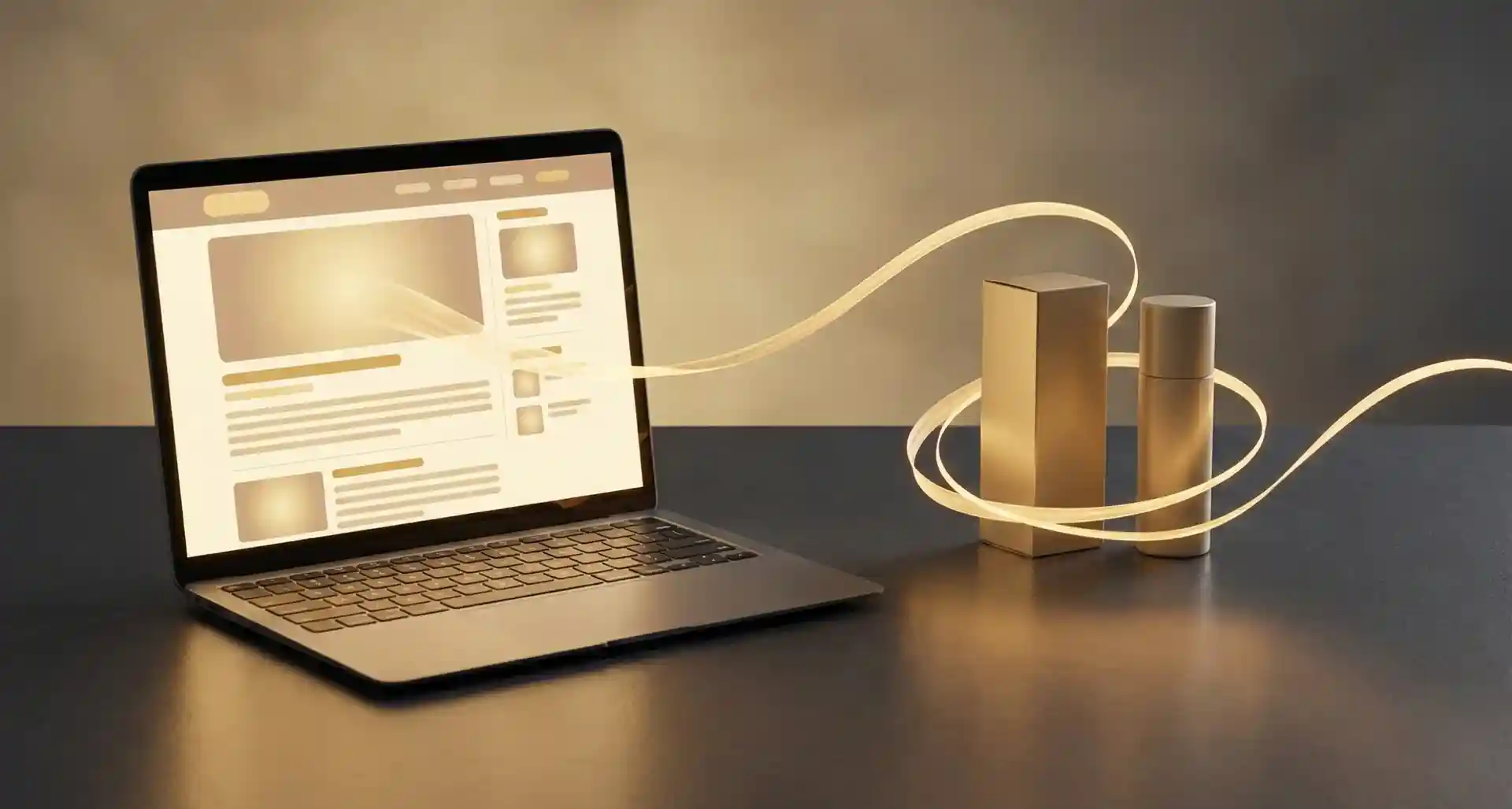 Laptop connecting to product packaging with flowing data, illustrating how an e-commerce SEO strategy links product pages with search performance. Laptop connecting to product packaging with flowing data, illustrating how an e-commerce SEO strategy links product pages with search performance.