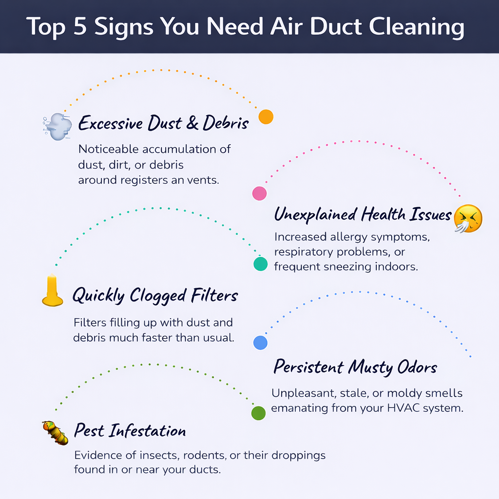 Infographic explaining the top 5 signs you need air duct cleaning. - Air Duct Cleaning Services infographic infographic-line-5-steps-blues-accent_colors