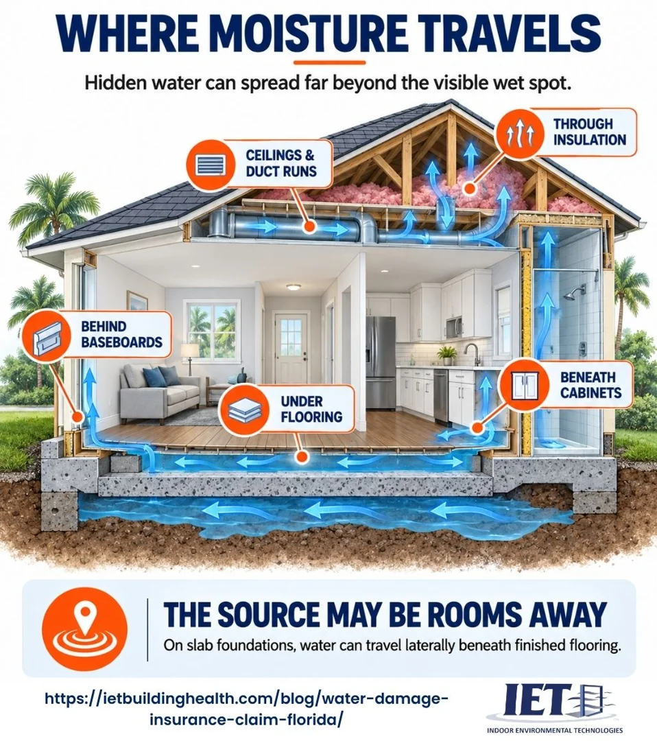 How moisture spreads in a home during a water damage insurance claim in Florida.