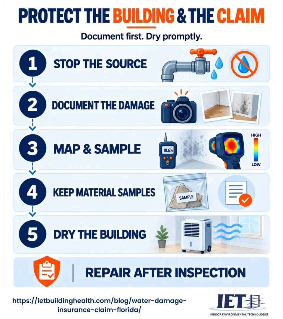 Steps for documenting water damage in a Florida insurance claim.