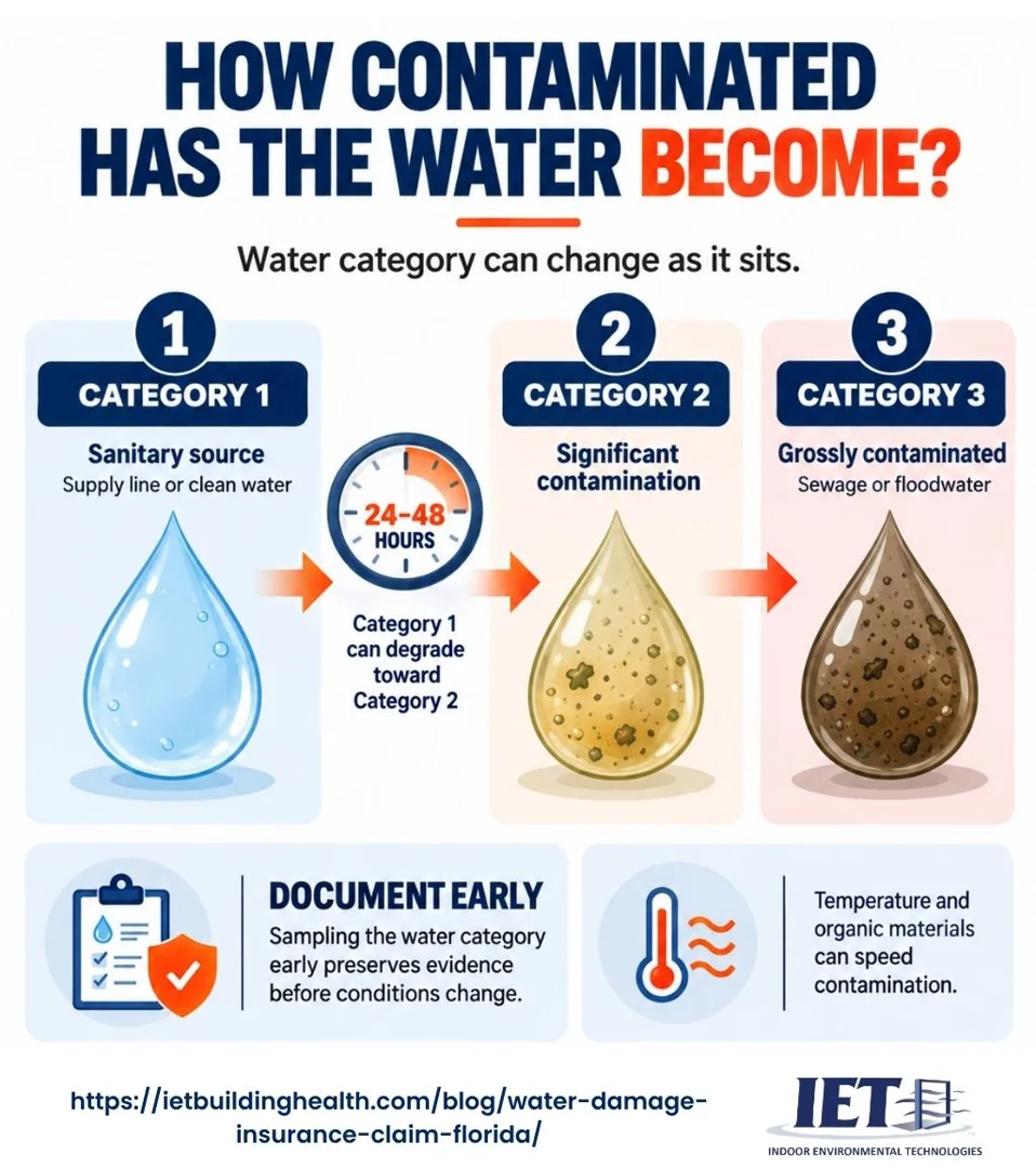 Water damage contamination levels categorized by ANSI/IICRC S500 standard for Florida insurance claims.