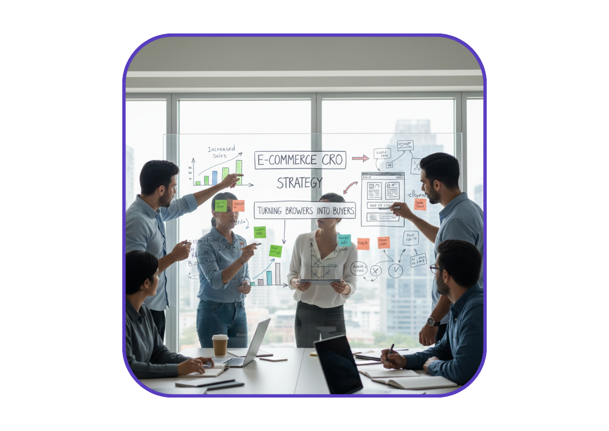 Team collaborating around a whiteboard with charts and website mockups - ecommerce cro agency