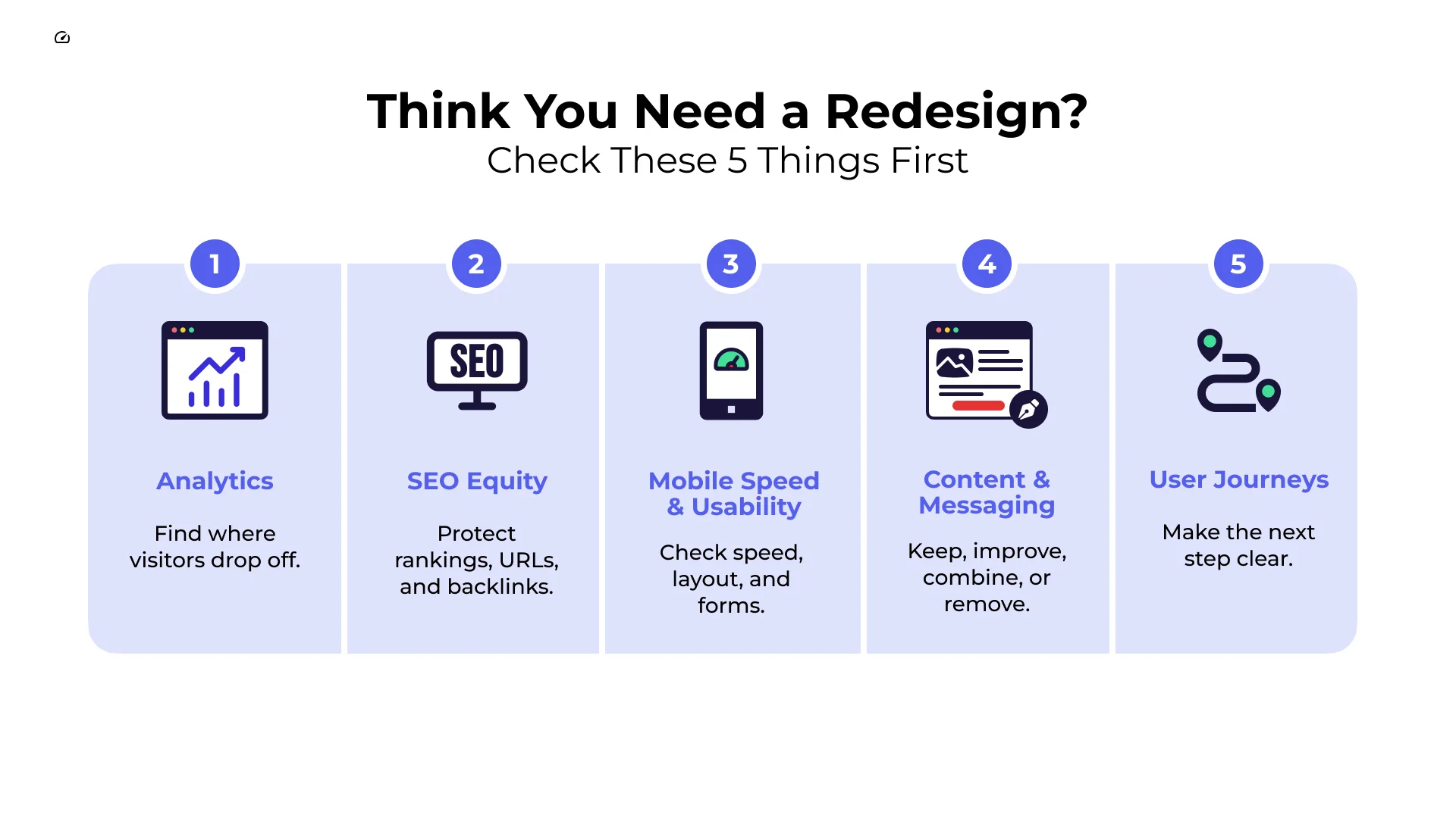 think you need a redesign? check analytics, seo, mobile speed and usability, content and user journey think you need a redesign? check analytics, seo, mobile speed and usability, content and user journey