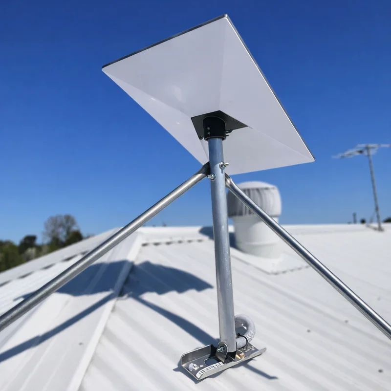 Starlink flat roof mount kit for Gen 3 dish on a tin metal roof.