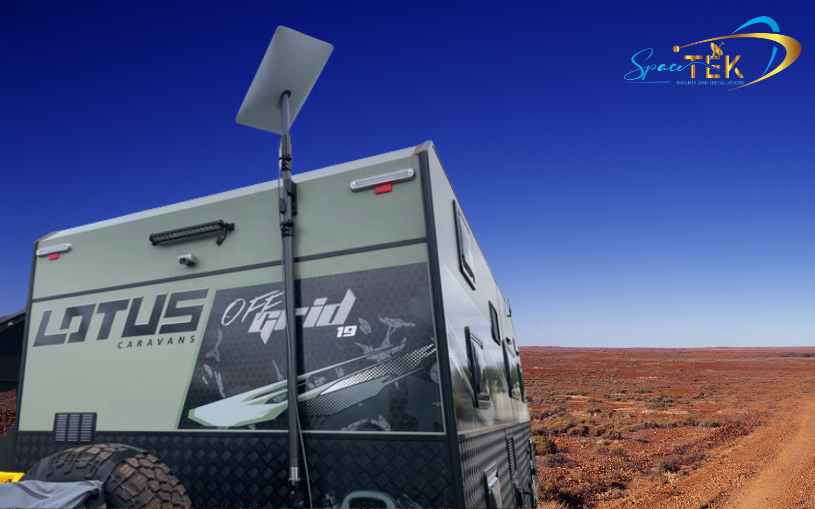 A Starlink dish securely mounted on the roof of an RV, with a clear sky in the background - Starlink install kit