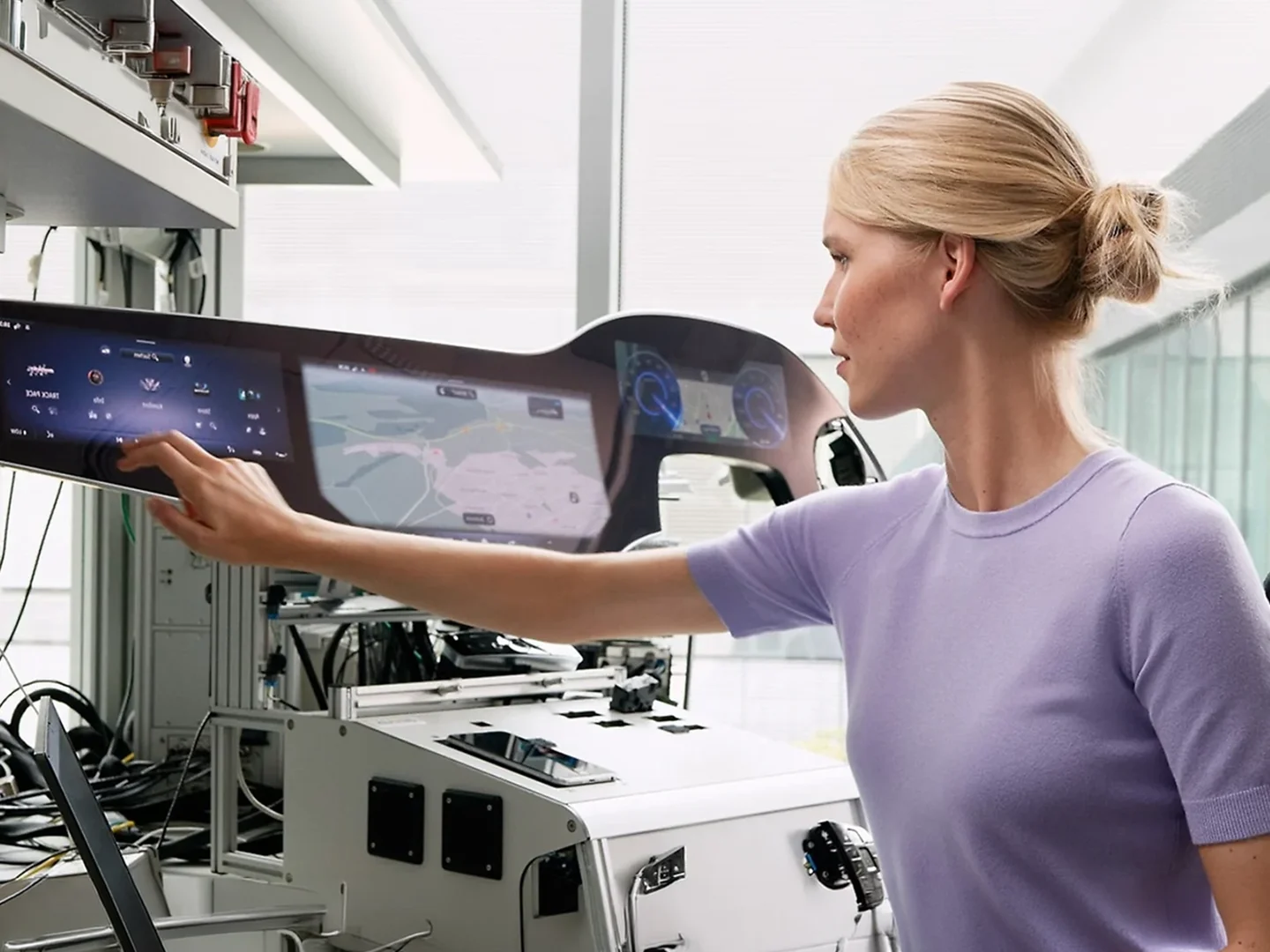 An engineer testing the interactive Mercedes-Benz MBUX Hyperscreen dashboard interface in a laboratory setting.