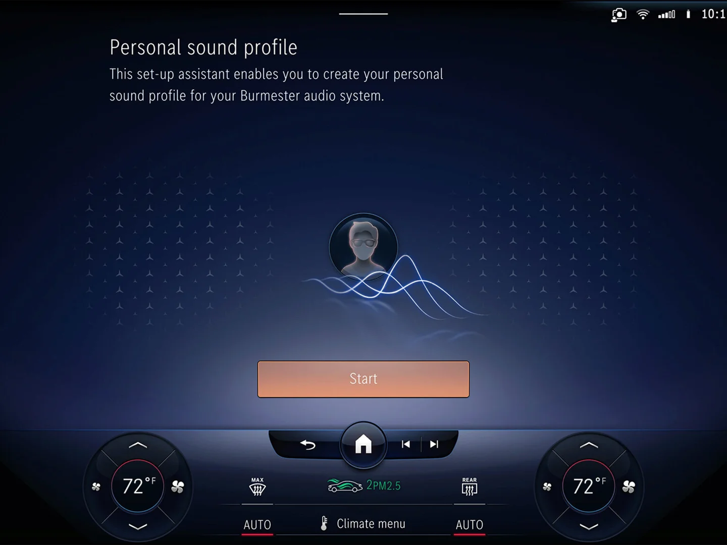 Mercedes-Benz infotainment display showing the Personal Sound Profile setup menu for the Burmester audio system.