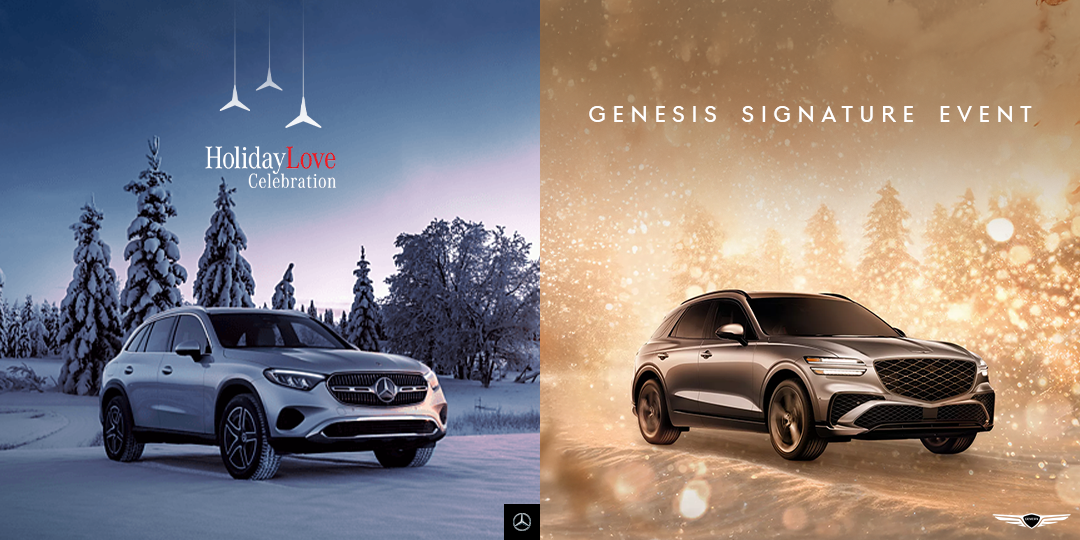 Mercedes-Benz GLC showing the Holiday Love Celebration event and a Genesis GV70 showing the Genesis Signature Event - Low APR Mercedes-Benz GLC showing the Holiday Love Celebration event and a Genesis GV70 showing the Genesis Signature Event - Low APR
