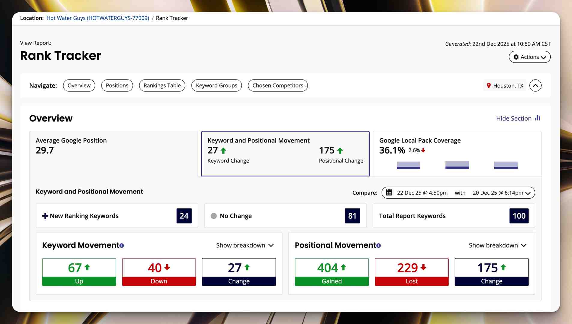 A chrome sculptural humanoid figure with outstretched hands, symbolizing connection and outreach, standing in front of a holographic Google Business Profile interface. The interface shows a business listing with reviews, photos, and contact information. Modern urban context with Houston skyline silhouettes in the background. - Dominate local search