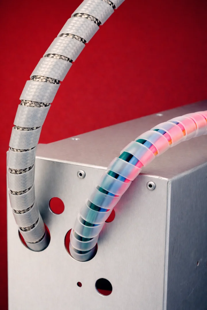 Industrial robotic arm utilizing Heli-Tube® spiral wrap for cable management, showing wire breakouts and color-coded Industrial robotic arm utilizing Heli-Tube® spiral wrap for cable management, showing wire breakouts and color-coded