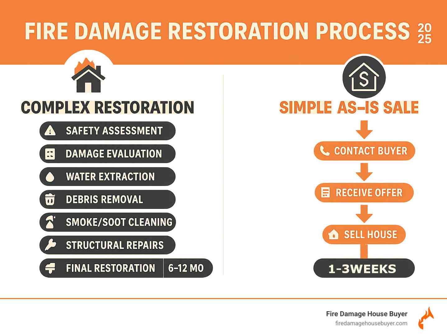 Fire damage restoration process infographic showing two paths: complex restoration process with 8 steps taking 6-12 months versus simple as-is sale with 3 steps taking 1-3 weeks