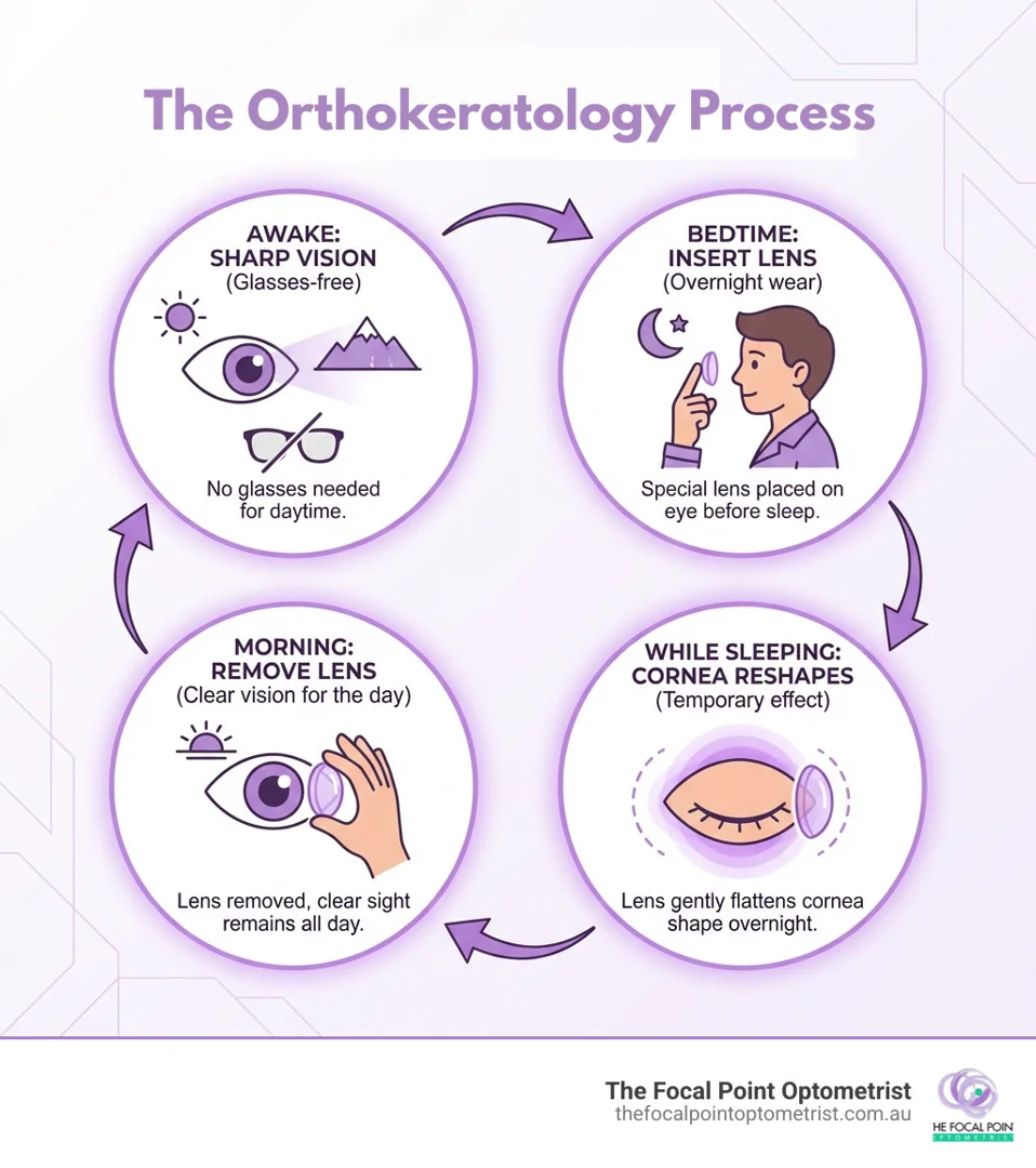 The orthokeratology process explain in a cartoon infographic, detailing the nightly wearing to reshape the cornea.