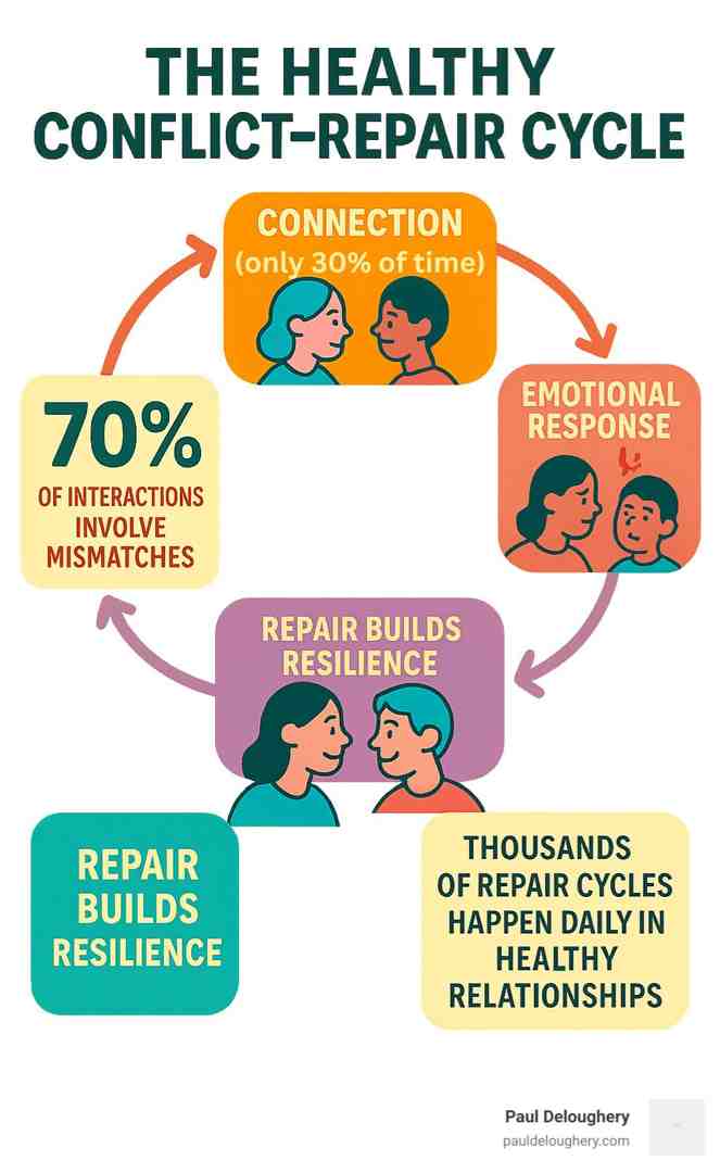 Infographic showing the healthy conflict-repair cycle: Connection (30% of time) → Mismatch/Conflict (inevitable) → Emotional Response → Repair Attempt → Reconnection → Stronger Bond. Includes statistics: 70% of interactions involve mismatches, repair builds resilience, and thousands of repair cycles happen daily in healthy relationships. - mother son conflict resolution infographic 