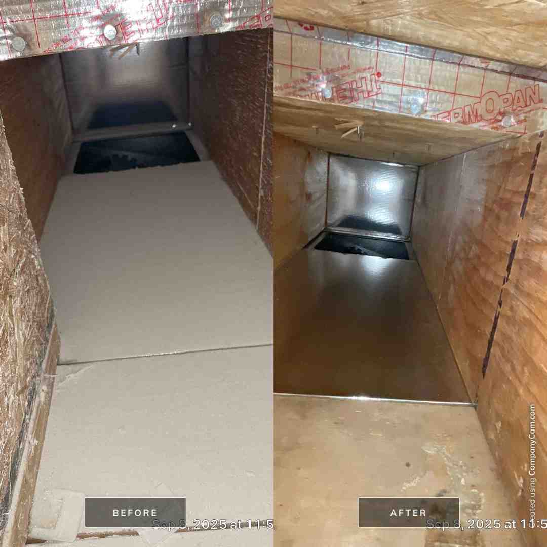 side-by-side comparison of a dirty commercial air duct and a clean one - business air duct cleaning berea