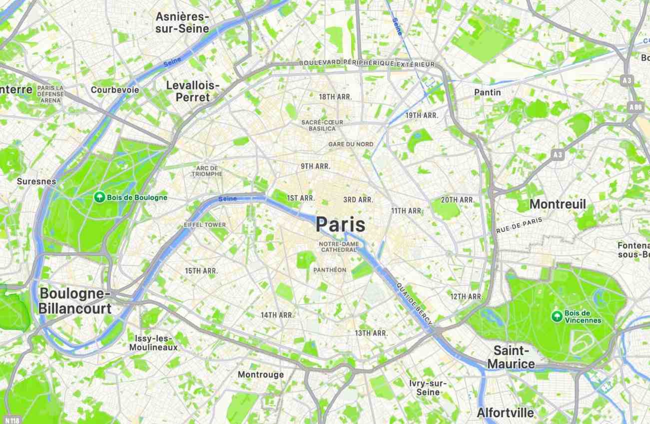 Stylized map of Paris highlighting academic arrondissements - Sabbatical rentals Paris