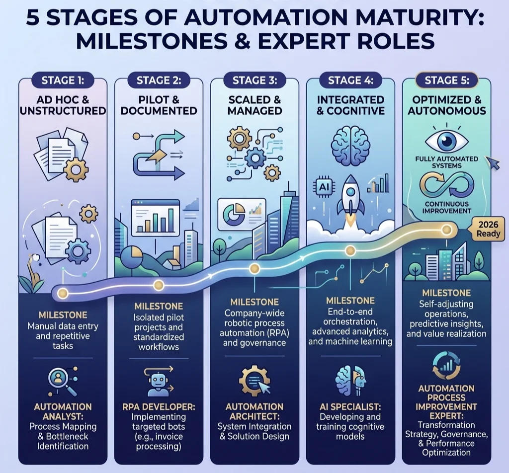 5 stages of automation maturity with key milestones and expert roles at each stage - automation process improvement experts