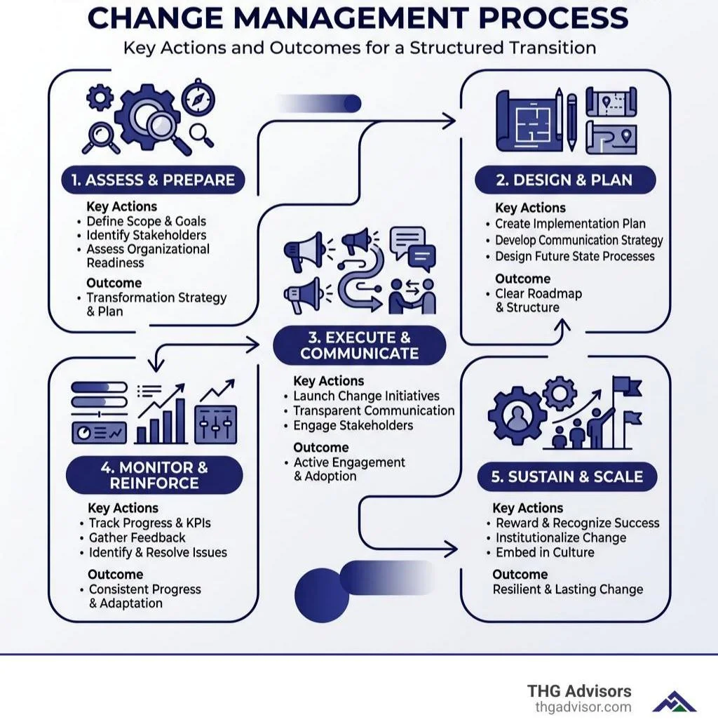 Five stages of change management process with key actions and outcomes at each phase - change management process experts