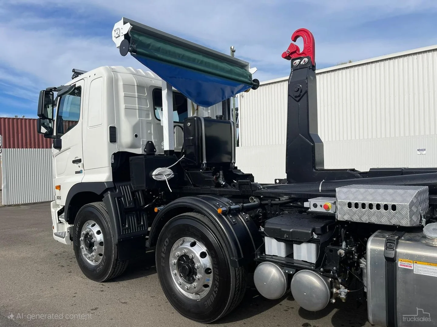 A white hook lift truck with an electric retractable tarp system mounted behind the cab. A white hook lift truck with an electric retractable tarp system mounted behind the cab.