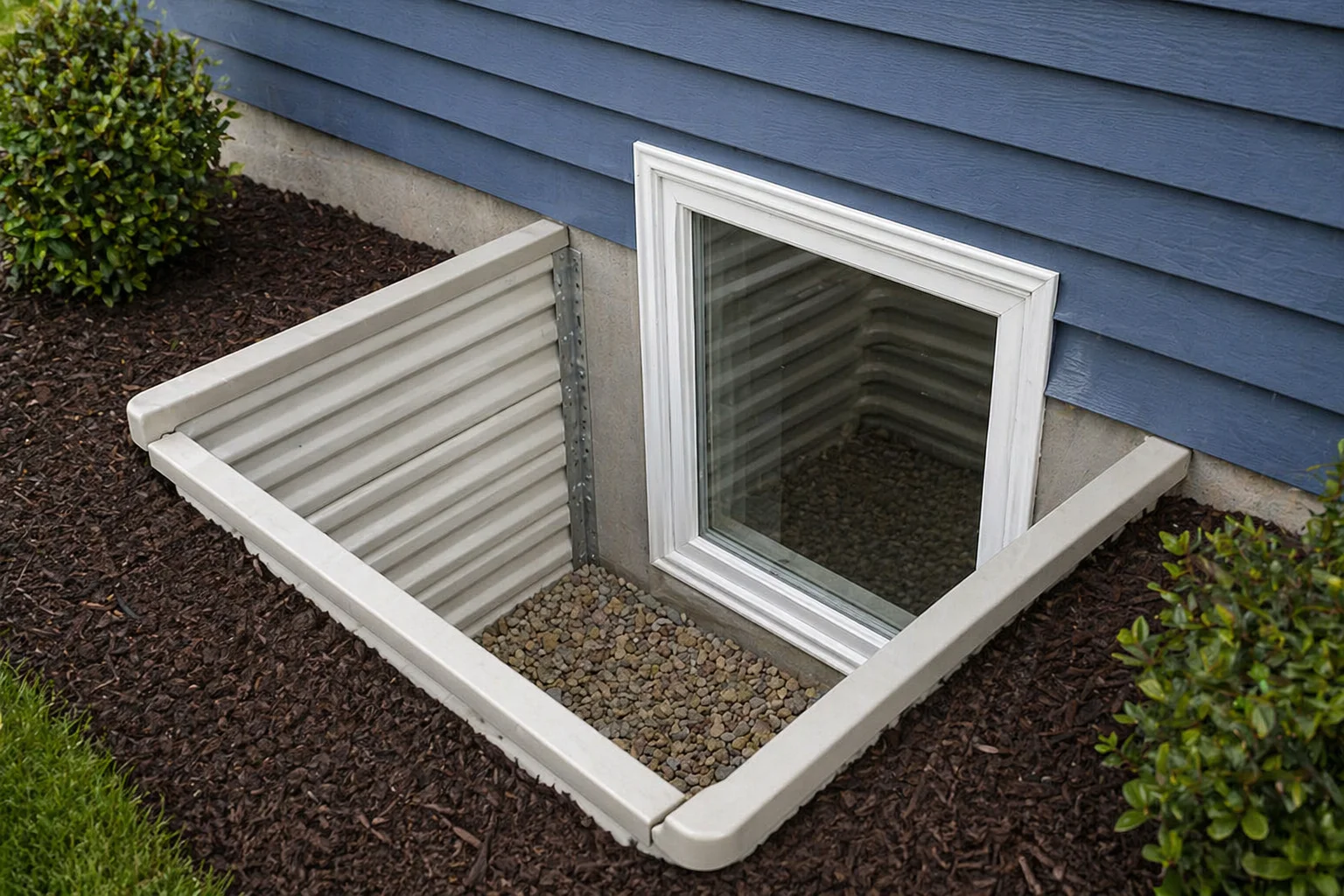 A professional-grade, code-compliant window well installed with proper drainage and safety features - Egress window