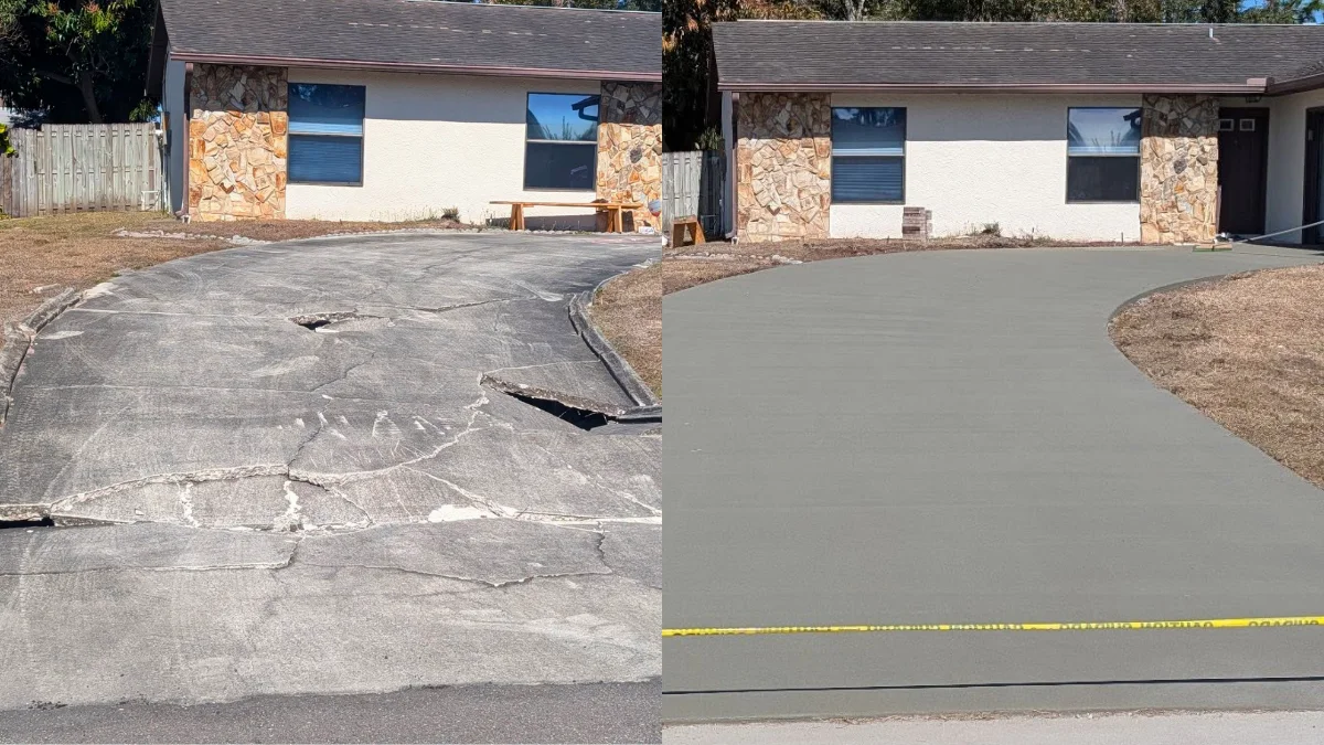 Before and after concrete driveway installation service replacing a cracked driveway with a smooth new concrete surface