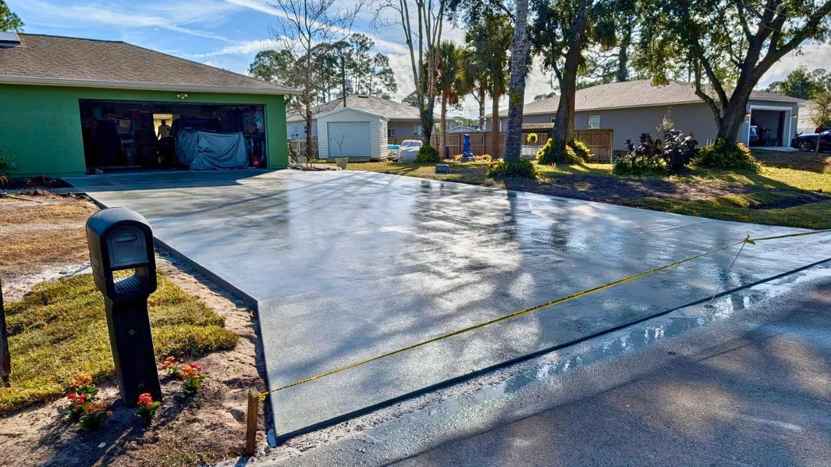 Completed concrete driveway with a clean broom finish in Brevard County