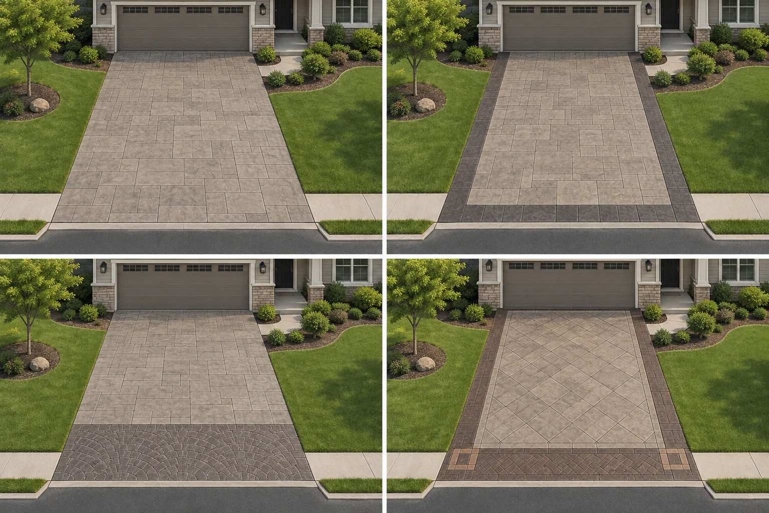 Illustrated stamped concrete driveway design options with patterns, borders and accent areas