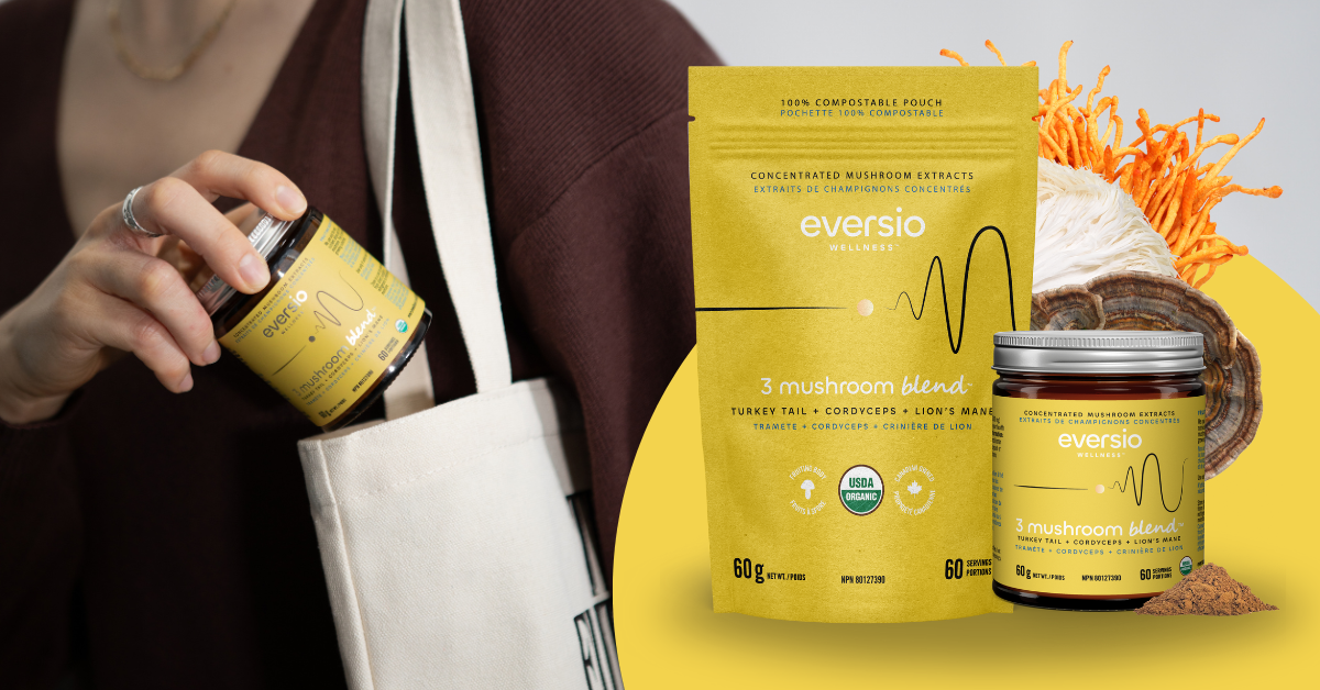 user-inserted Eversio 3 Mushroom Blend, a product featuring adaptogenic mushrooms for stress resistance.