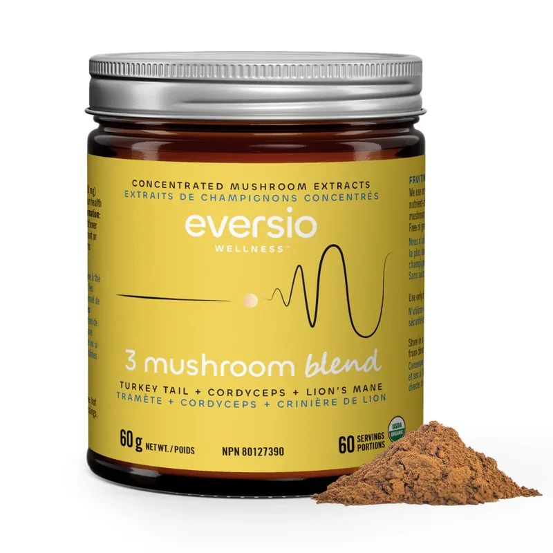 A jar of Eversio Wellness 3 mushroom blend powder, featuring organic mushrooms for energy.